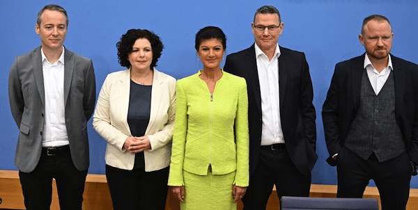 | Board members of the association BSW For Reason and Justice Lukas Schön lr Amira Mohamed Ali Sahra Wagenknecht Ralf Suikat and Christian Leye Berlin Monday | MR Online